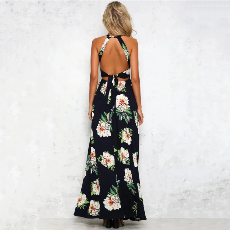 Для женщин макси с цветочным принтом платье длинным Boho Холтер бинты ремень