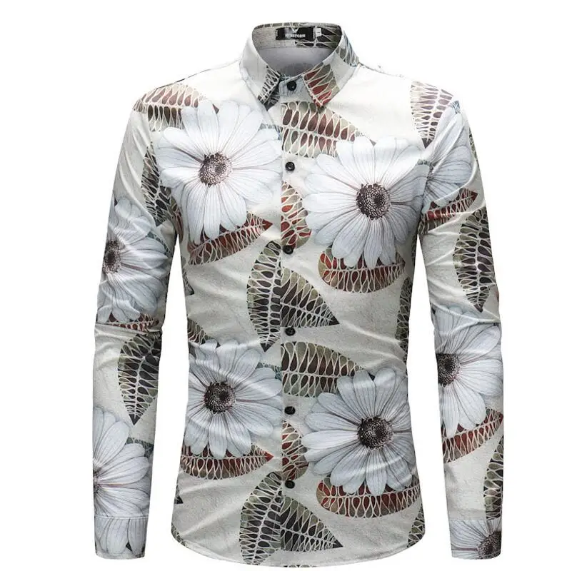 4xl Плюс Размер Мужская s Новая мода цветочный принт Slim Fit рубашки мужские с длинным