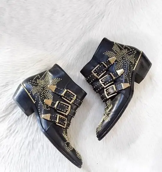 New Leather Rivets Booties Buckle Straps Thick Heel Black Ankle Boots Studded Decorated Motorcycle Boots Woman Riding boots
New Leather Rivets Booties Buckle Straps Thick Heel Black Ankle Boots Studded Decorated Motorcycle Boots Woman Riding boots