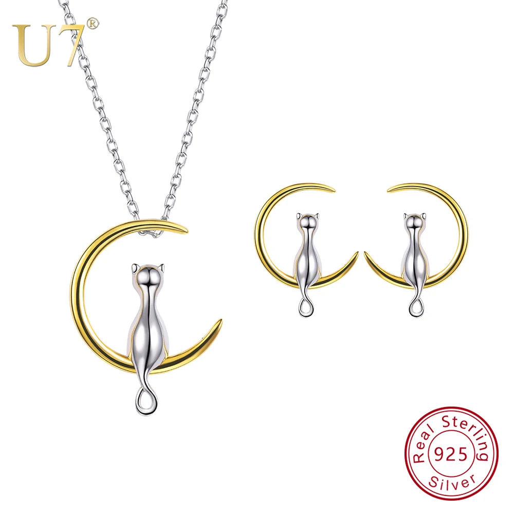 U7 925 Sterling Silver Cat Sit on Moon Necklace And Stud Earrings Set Birthday Valentine's/Mother's Day Gift for Girl/Women SC89
U7 925 Sterling Silver Cat Sit on Moon Necklace And Stud Earrings Set Birthday Valentine's/Mother's Day Gift for Girl/Women SC89