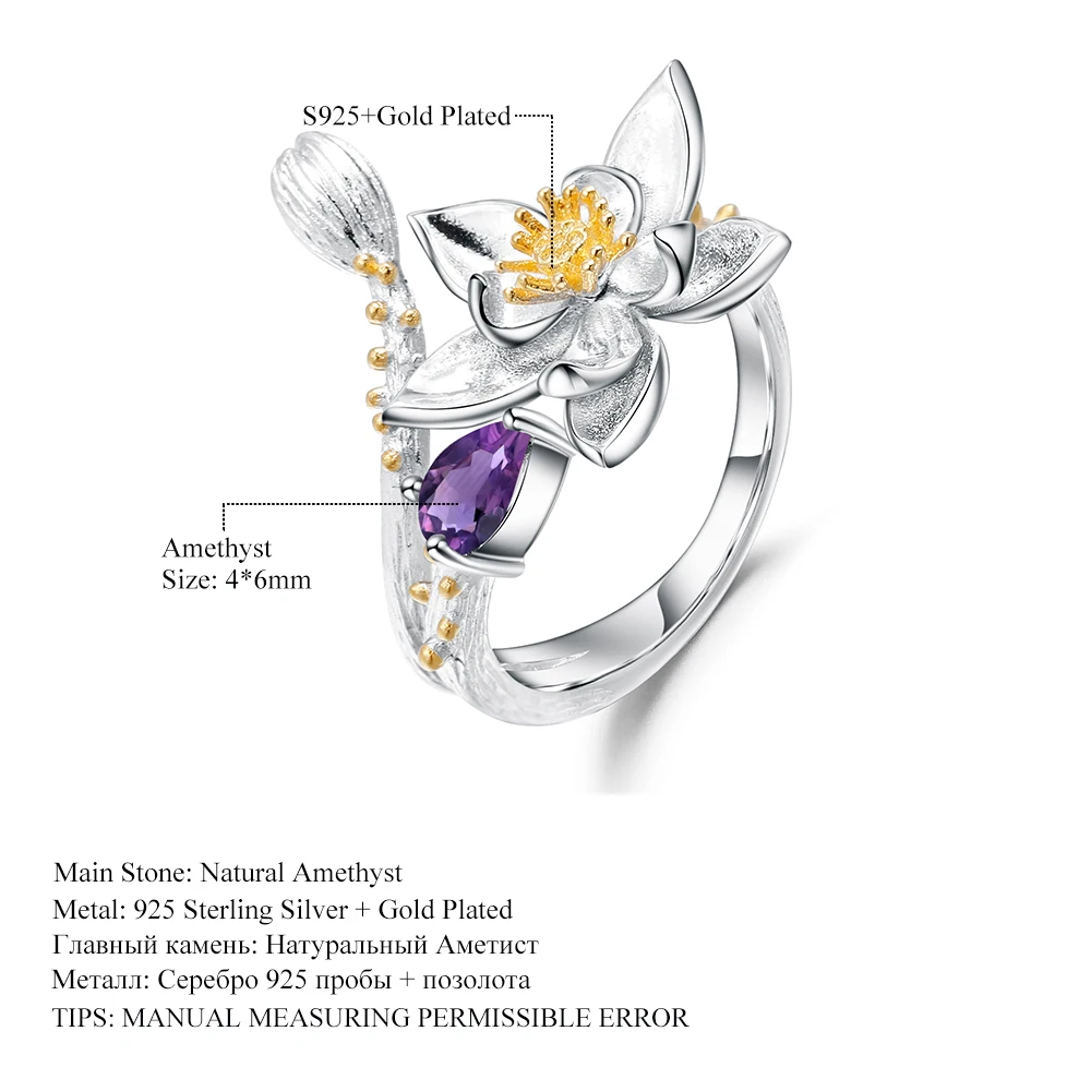 GEM'S BALLET 925 Sterling Silver Handmade Flowers Adjustable Open Ring 0.19Ct Natural Amethyst Gemstone Rings for Women Bijoux
GEM'S BALLET 925 Sterling Silver Handmade Flowers Adjustable Open Ring 0.19Ct Natural Amethyst Gemstone Rings for Women Bijoux