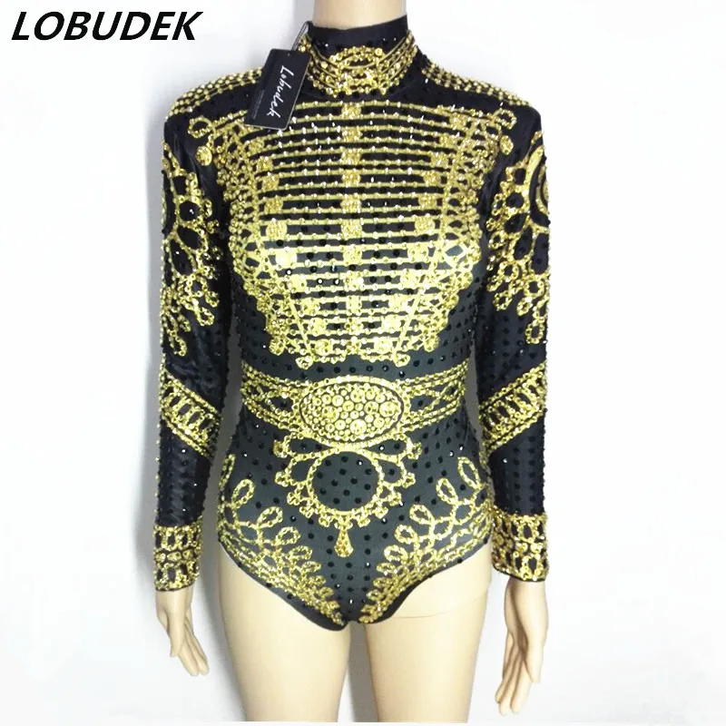 black gold crystals sexy female costume stretch leotard bodysuit singer DS DJ performance Nightclub show S-XL size dancing
black gold crystals sexy female costume stretch leotard bodysuit singer DS DJ performance Nightclub show S-XL size dancing