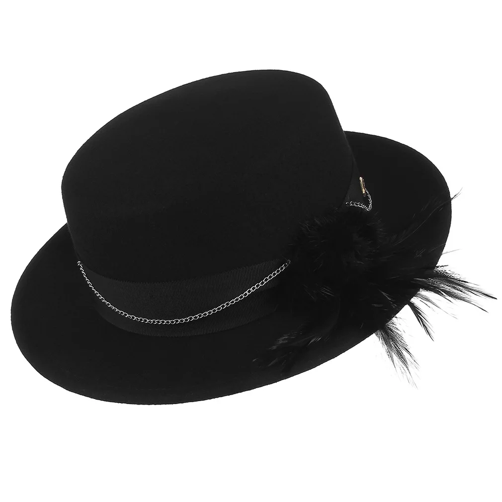 Women's Wool Fedoras Hat Ladies Dome Feather and Chain Decorative Warm Cap Female Church Party Banquet Elegant Retro Hats H7207
Women's Wool Fedoras Hat Ladies Dome Feather and Chain Decorative Warm Cap Female Church Party Banquet Elegant Retro Hats H7207