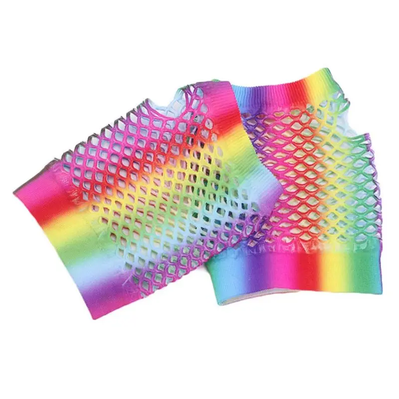 Women Rainbow Stripes Short Fingerless Gloves Hollow Out Fishnet Wrist Length 80's Party Costume Stretchy Mittens
Women Rainbow Stripes Short Fingerless Gloves Hollow Out Fishnet Wrist Length 80's Party Costume Stretchy Mittens