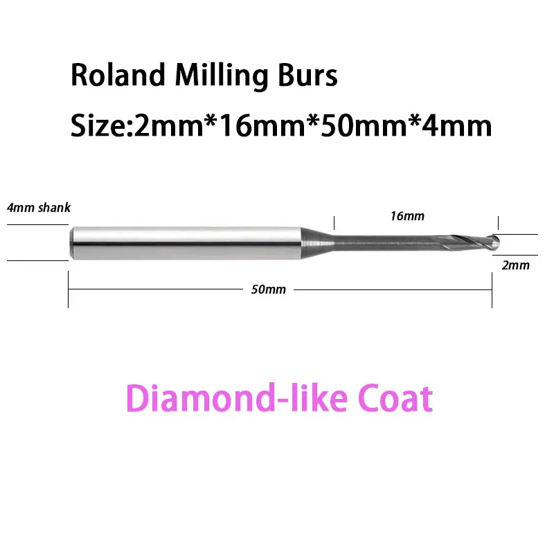 2.0mm Roland CADCAM Diamond-like Coat Milling Burs for Zirconia 16mm Reach Length