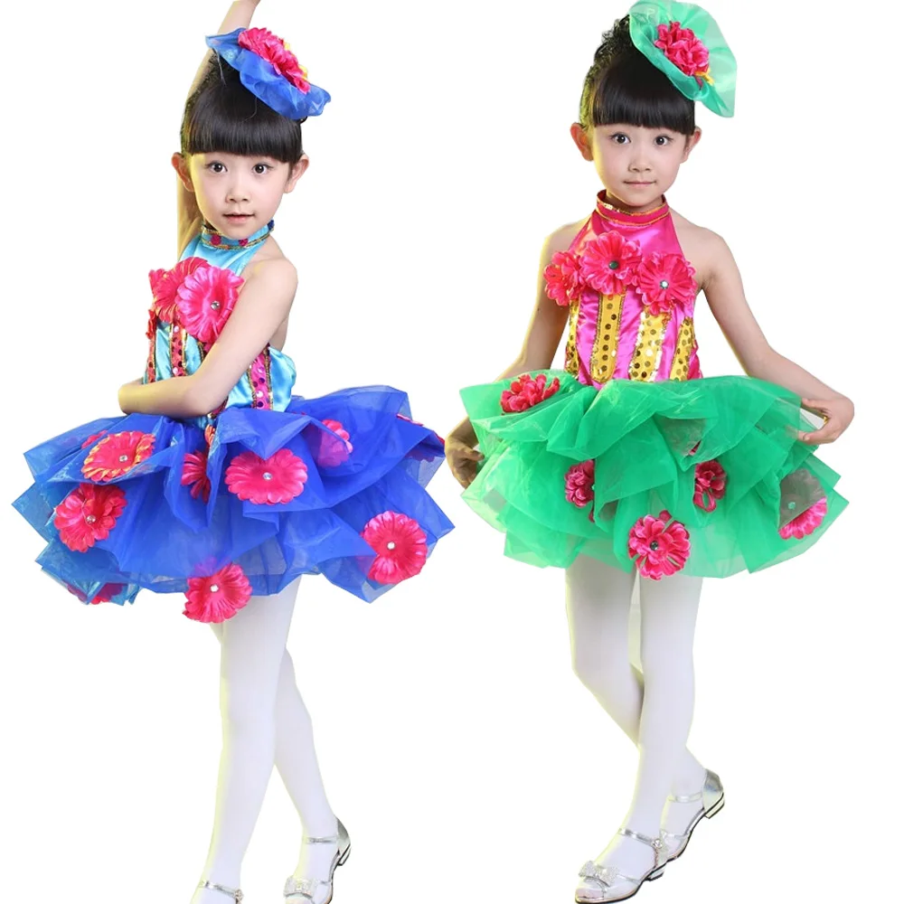 Green Sequined Girls Jazz Ballet Dance dress Blue Kids Ballroom Dancewear Party Costume TUTU | Тематическая одежда и
