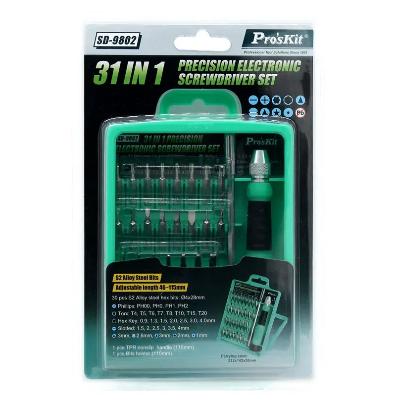 Pros'kit SD-9802 Multifunction 31 in 1 computer precision screwdriver set repair tool set disassemble mobile phone
Pros'kit SD-9802 Multifunction 31 in 1 computer precision screwdriver set repair tool set disassemble mobile phone