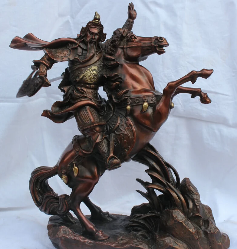

song voge gem S1792 14" Chinese Feng Shui Bronze Guan Gong Yu Warrior Dragon God On Horse Statue