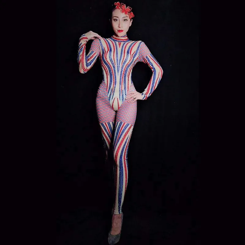 Женский костюм для танцев со стразами с разноцветным принтом длинными рукавами
