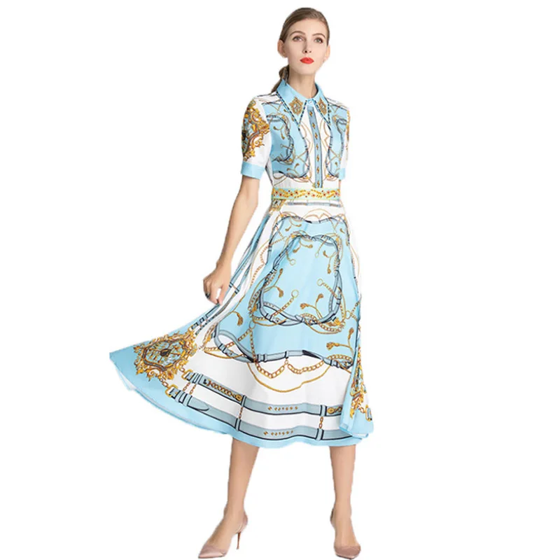 2019 Spring Summer Women's Dress Light Cooked Printed Doll Collar Short-sleeved High Waist Pleated Light Blue Ladies Large Dress
2019 Spring Summer Women's Dress Light Cooked Printed Doll Collar Short-sleeved High Waist Pleated Light Blue Ladies Large Dress