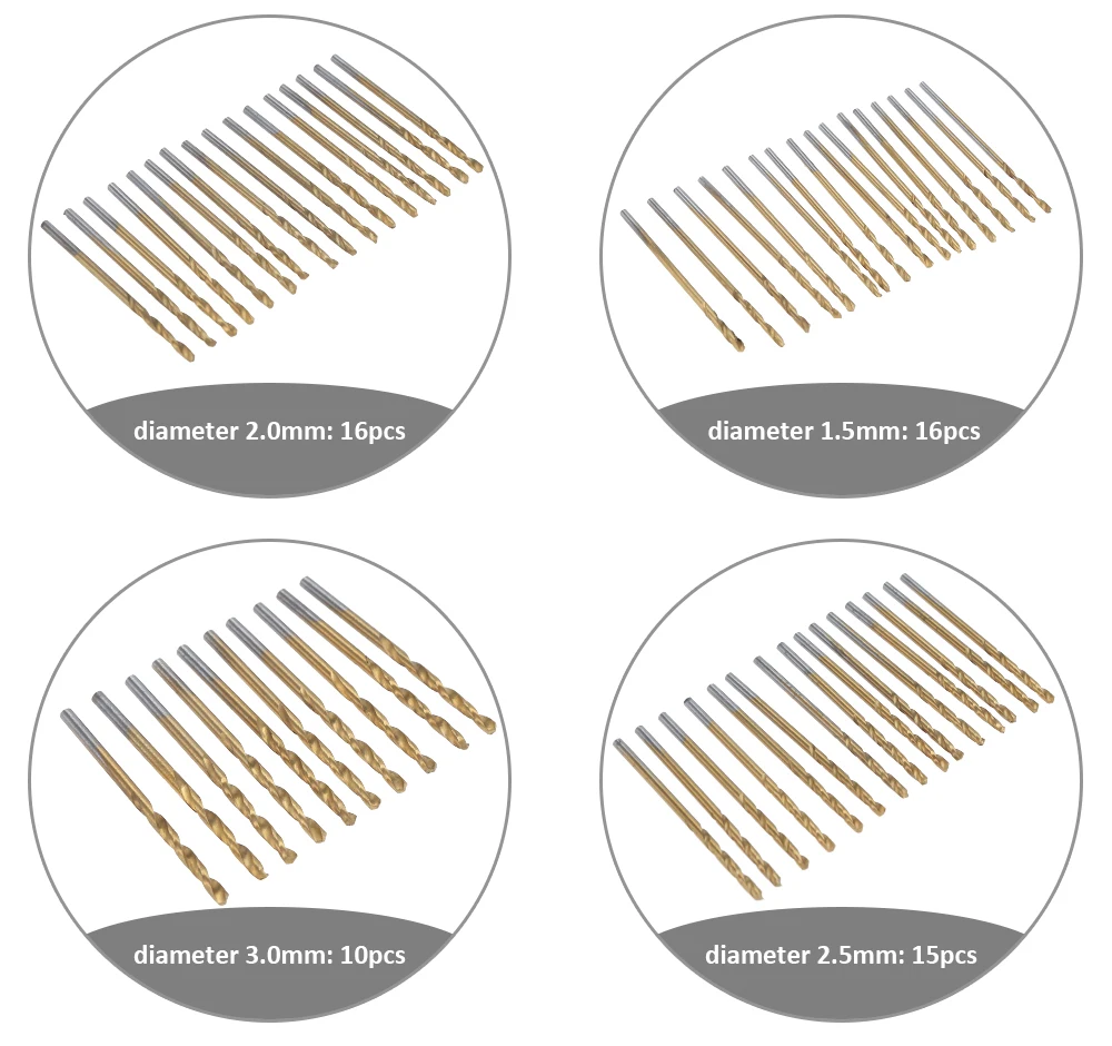 99PCS HSS Twist Drill Bit Set 1.5-10mm Titanium Coated Surface 118 Degree For Drilling Metal DIY Home Use With Box / OPP Packing
99PCS HSS Twist Drill Bit Set 1.5-10mm Titanium Coated Surface 118 Degree For Drilling Metal DIY Home Use With Box / OPP Packing
