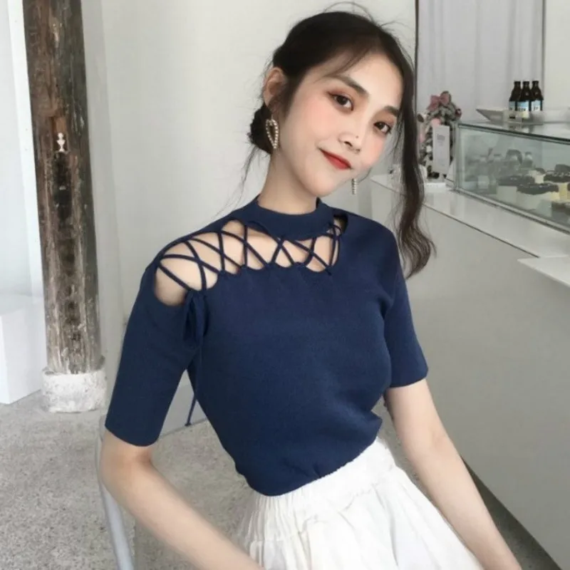 Knitted Women T Shirt Summer Casual Bind Hollow Out Short Sleeves Tees Top O-Neck High Elasticity Sexy Female T-Shirt
Knitted Women T Shirt Summer Casual Bind Hollow Out Short Sleeves Tees Top O-Neck High Elasticity Sexy Female T-Shirt