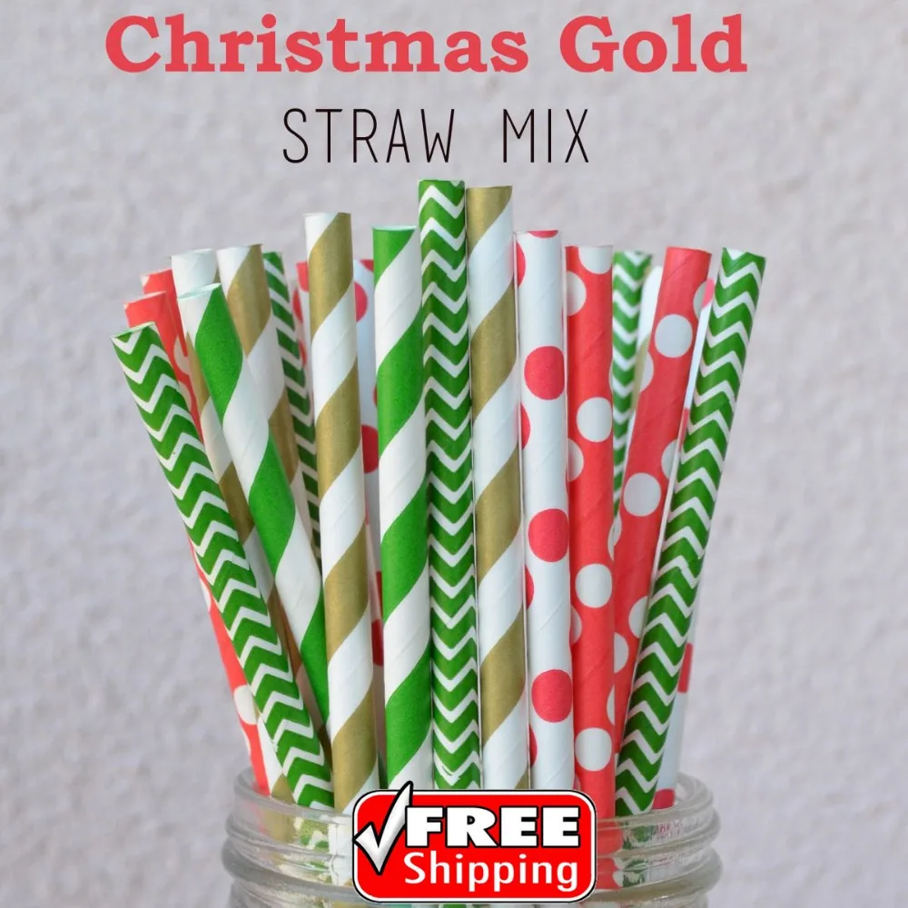 

250pcs Mix 5 Designs Christmas Gold Themed Paper Straws-Green,Red,Gold-Stripe,Chevron,Polka Dot-Holiday Party Decor Vintage Bulk