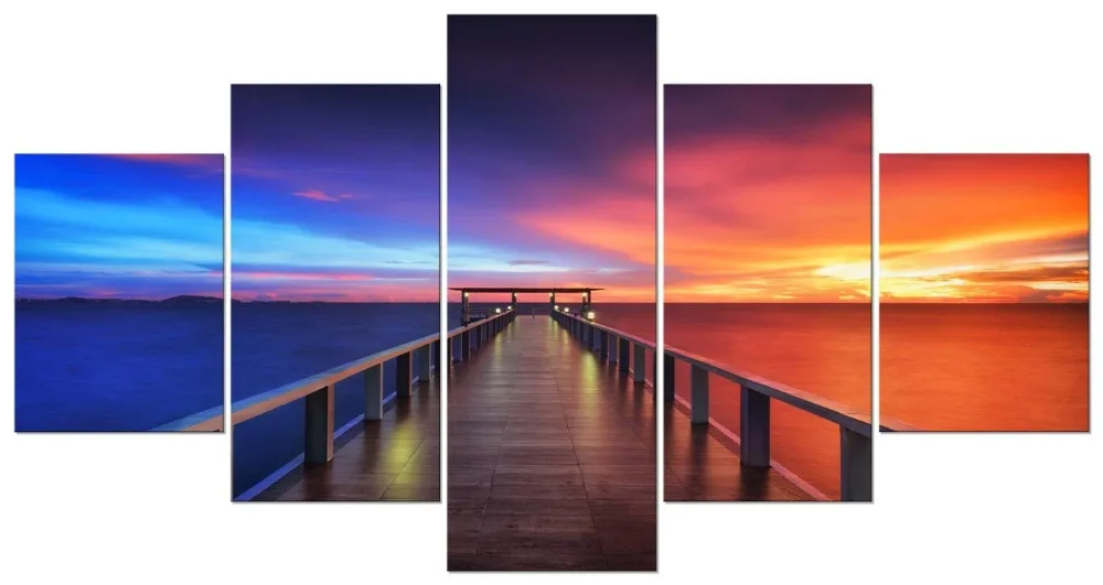 

Sunset Bridge Canvas Prints Red and Blue Landscape Pictures Paintings on Canvas Wall Art ,Ready To Hang Drop Shipping