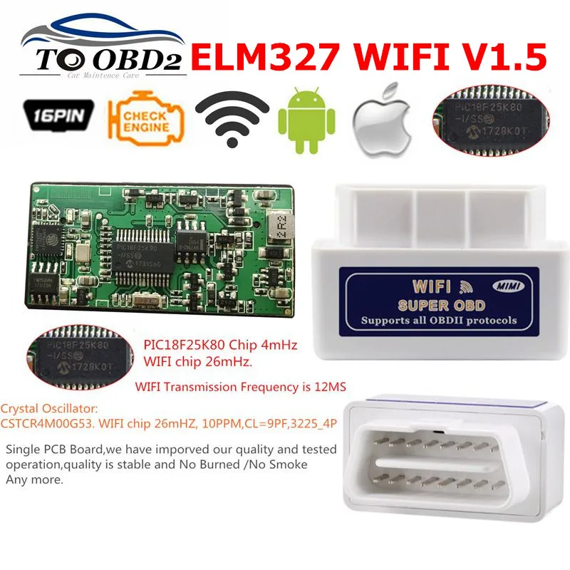 

ELM327 WIFI V1.5 OBD2 Code Reader Scanner ELM 327 1.5 with PIC18F25K80 Chip Supports Android/iOS/PC System Single PCB Board
