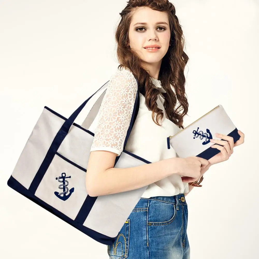 INONE 22" Canvas Anchor Shopping Bags for Women 2019 Large Capacity Heavy Duty Deluxe Tote Grocery Beach Bag with Outer Pocket | Багаж и