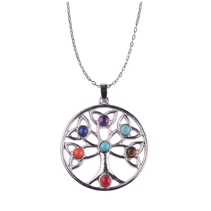 

7 Chakra Stones Natural Stone Pendant Tree Of Life Semi Precious Choker Necklace For Women Jewelry Yoga