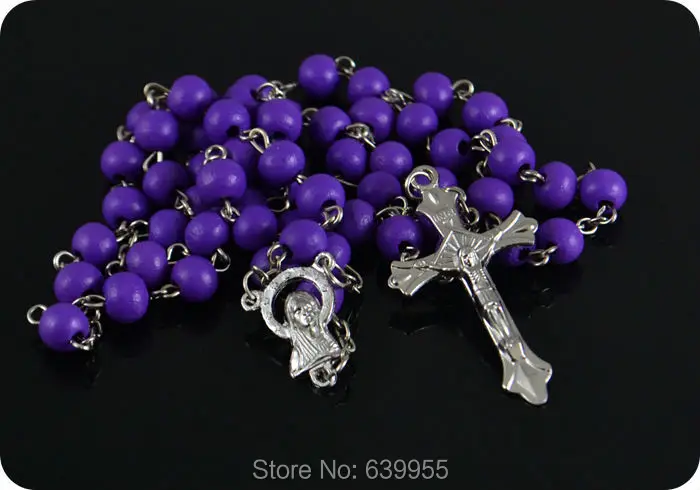 Фиолетовые деревянные четки бусины INRI Jesus крест Распятие Кулон ожерелье