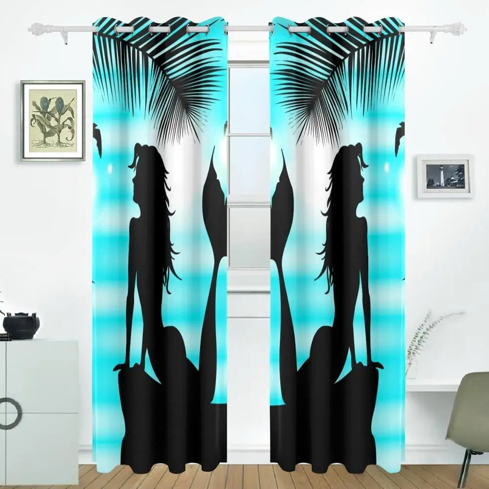 

Tropical Palm Leaves Mermaid Curtains Drapes Panels Darkening Blackout Grommet Room Divider for Patio Window Sliding Glass Door