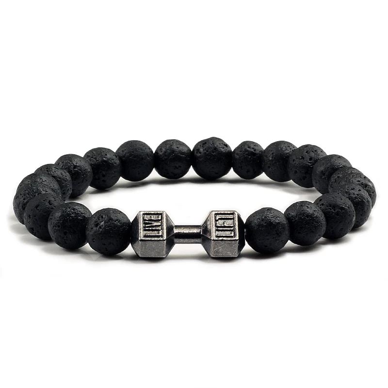 

Natural Black Volcanic Lava Stone Dumbbell Bracelet black Matte Beads Bracelets For Women Men Fitness Barbell Jewelry Pulseras