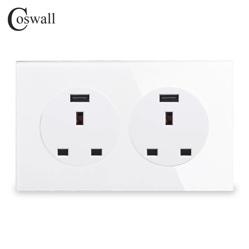 

Coswall Crystal Glass Panel 2 Gang 13A UK Standard Wall Power Socket With Dual USB Fast Charging Port 146mm*86mm R11 Series