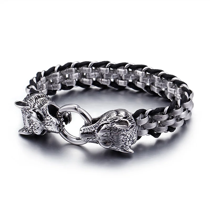free shipping 13mm 8.05'' knit Leather Chain bracelet Stainless Steel Fashion Biker Double Wolf bracelet bangle Unisexs Mens
free shipping 13mm 8.05'' knit Leather Chain bracelet Stainless Steel Fashion Biker Double Wolf bracelet bangle Unisexs Mens