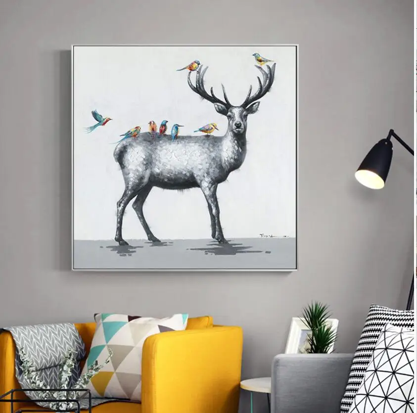 Handmade wall oil painting of lovely deer and cartoon cute bird animal oil paintings for living room decoration
Handmade wall oil painting of lovely deer and cartoon cute bird animal oil paintings for living room decoration