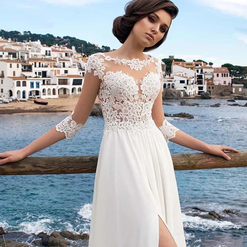 Chiffon Beach Wedding Dresses robe mariage femme Sheer Lace Top 3/4 Sleeves Side Slit Women Bridal Dress Wedding Gowns
Chiffon Beach Wedding Dresses robe mariage femme Sheer Lace Top 3/4 Sleeves Side Slit Women Bridal Dress Wedding Gowns