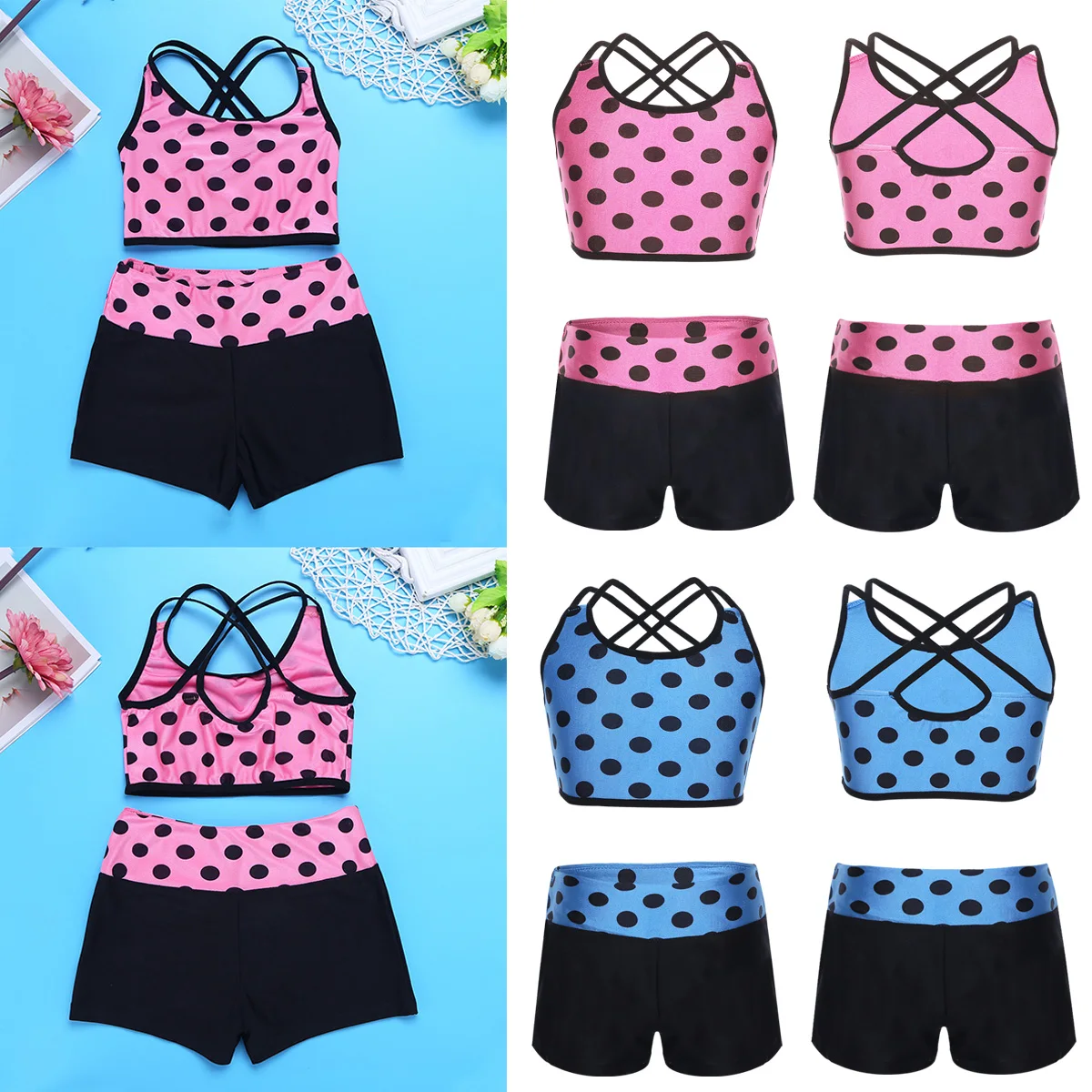 

2Pcs Kids Girl Tank Top with Bottoms Sport Cross Strap Bra Tops Shorts Tankini Polka Dots Underwear Girls Dance Gym Clothing Set