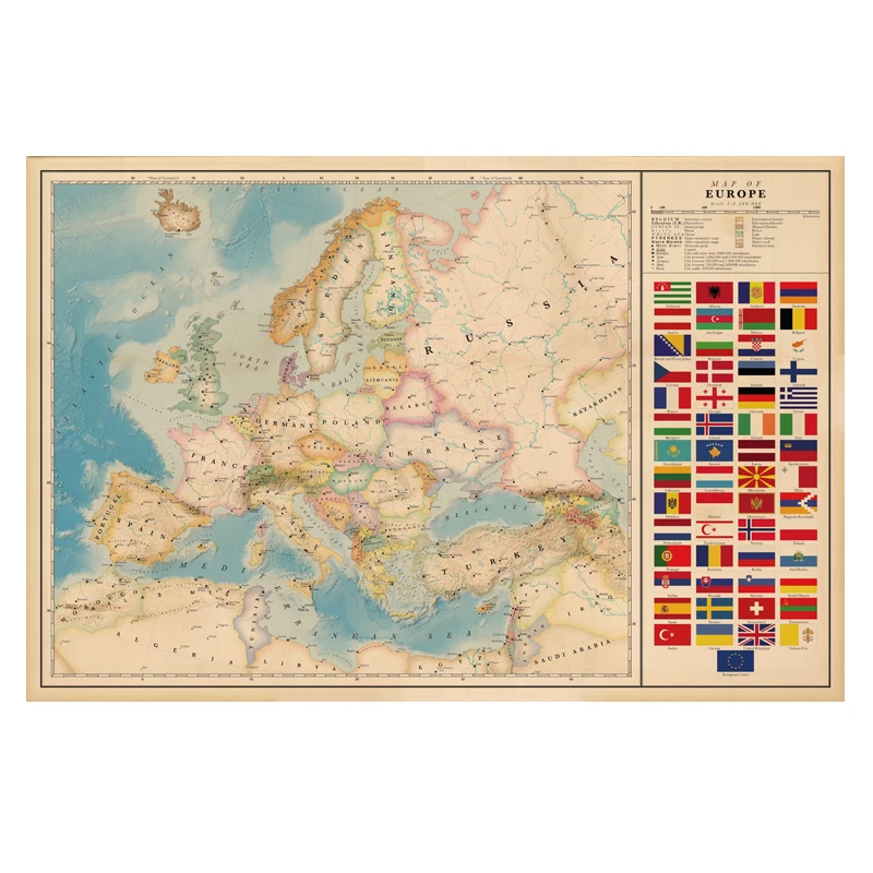Europe Map Poster Size Wall Decoration Large of The 80x53 Waterproof canvas map|Карты| |
