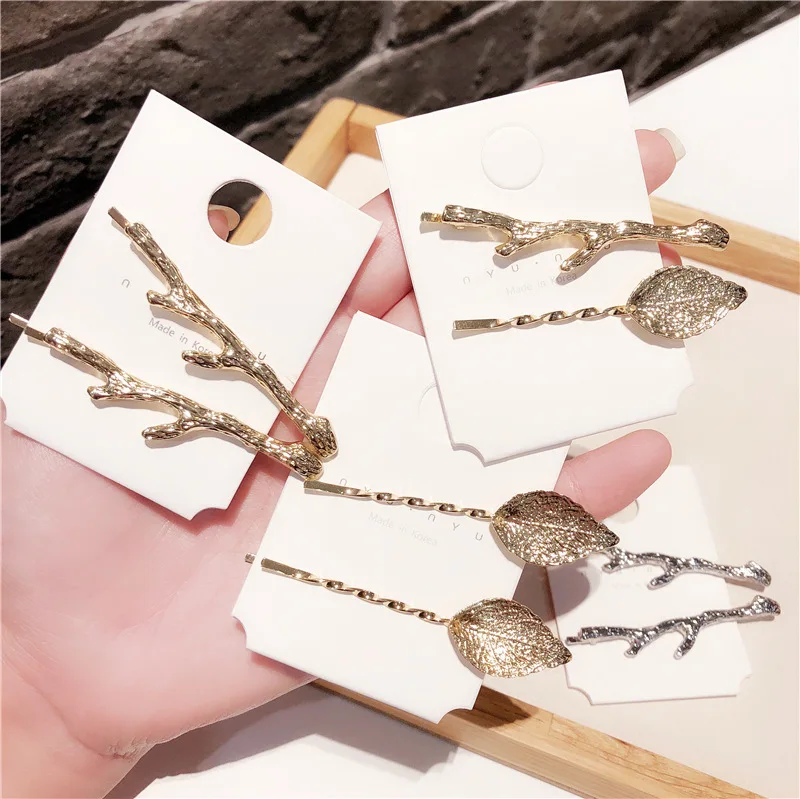 Women Korean style Hairpins Girls alloy leaf Branch Hair Clip Side clamp Barrette Accessories 2019 New 2pcs 1pair | Аксессуары для