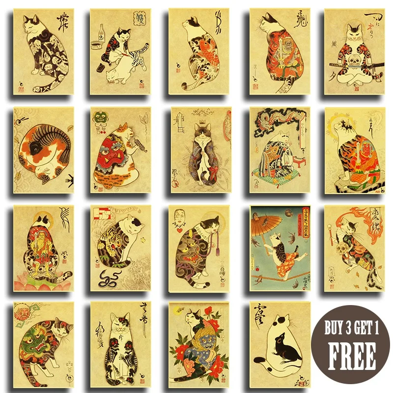 Japanese samurai cat tattoo cat retro poster vintage wall art printed painting living room bedroom decor wall stickers
Japanese samurai cat tattoo cat retro poster vintage wall art printed painting living room bedroom decor wall stickers