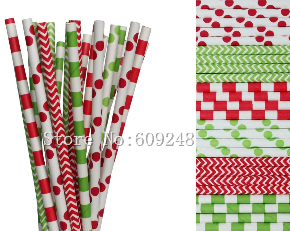 

150pcs Drinking Paper Straws Mix,Lime Green and Red Sailor Striped,Polka Dot,Chevron,Christmas Holiday North Pole Hot Cocoa Bulk