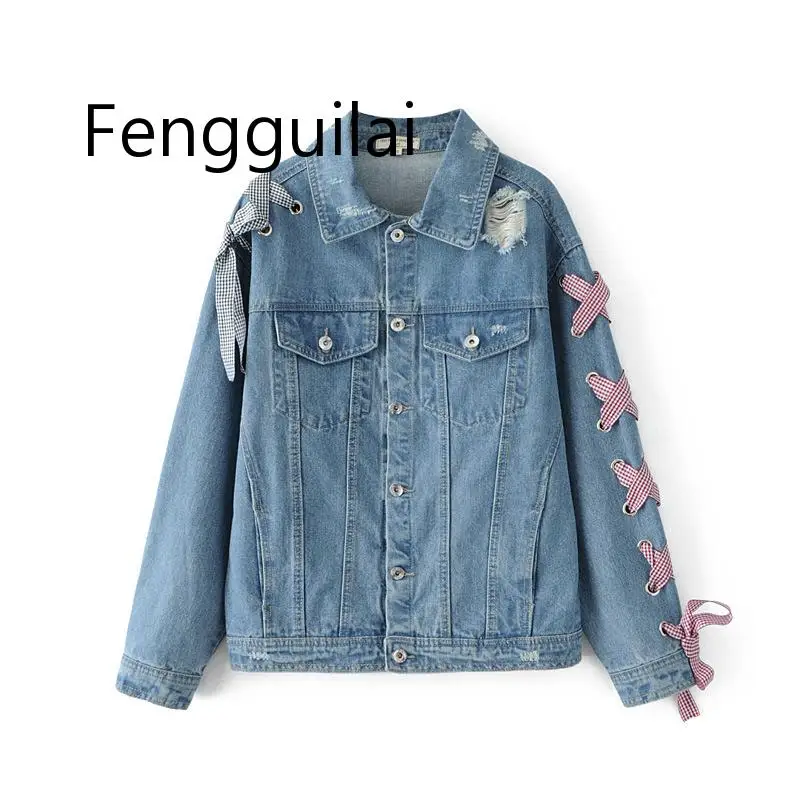 Spring/Autumn New solid color washed Denim jacket Fashion holes denim coat Bowknot straps outwear Women loose denim jacket coat
Spring/Autumn New solid color washed Denim jacket Fashion holes denim coat Bowknot straps outwear Women loose denim jacket coat