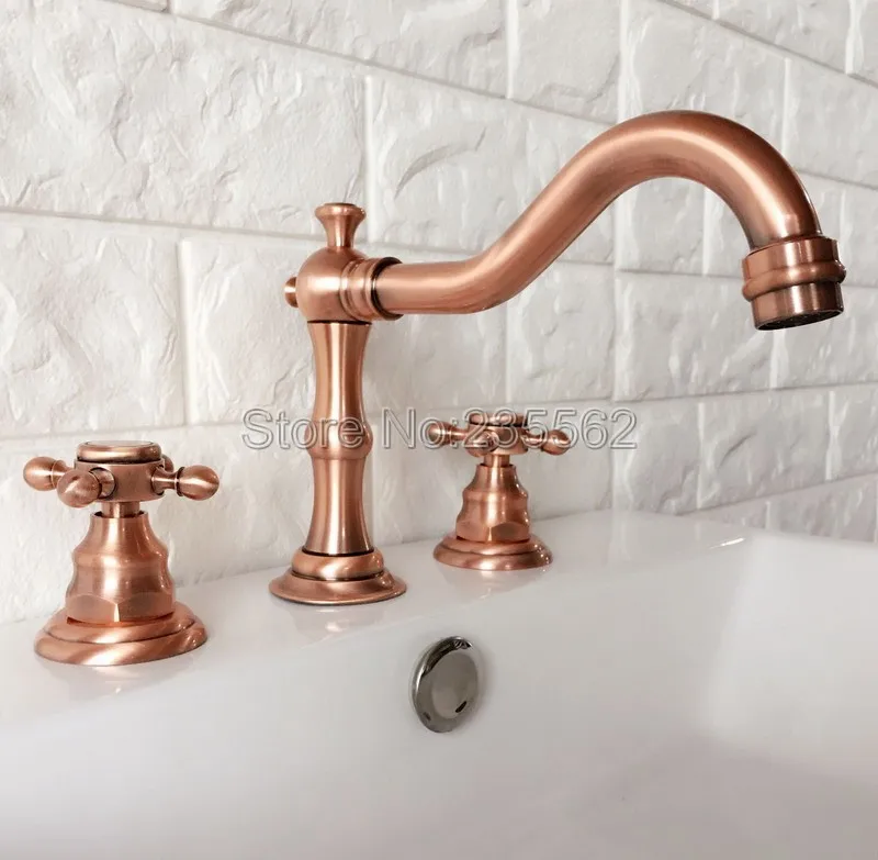 

Red Copper 3 Hole Widespread Bathroom Basin Faucet Dual Handle Faucets Deck Mounted Vessel Sink Tub Mixer Taps lrg041