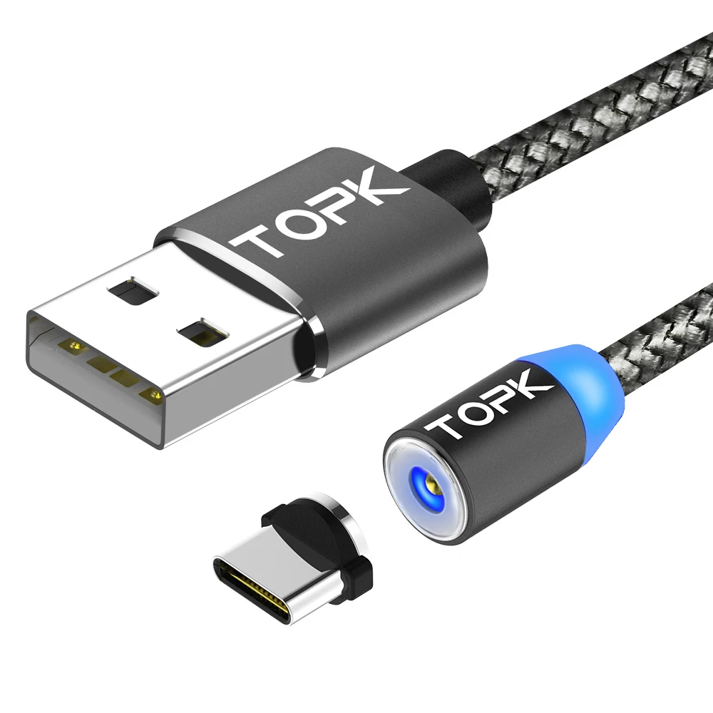 Магнитный кабель TOPK USB Type C/Micro/Lightning для телефонов iPhone/Android 2.4A нейлоновый 1/2