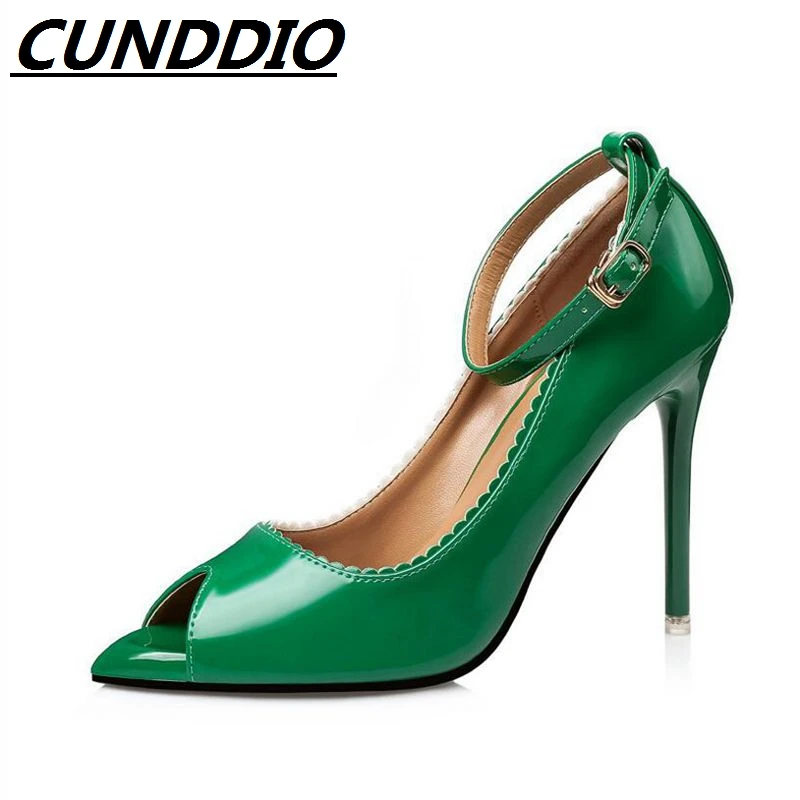 CUNDDIO конфеты цвета Сладкий пряжки peep toe Штраф с Пятки Совет Лакированной кожи