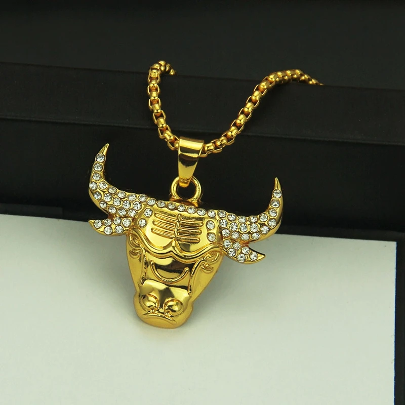 1PCS Bull Pendant Necklace Crystal Zircon Hip Hop Jewelry With Chain Punk Rock Exaggerated Gift MY10-YJ10-5566 | Украшения и