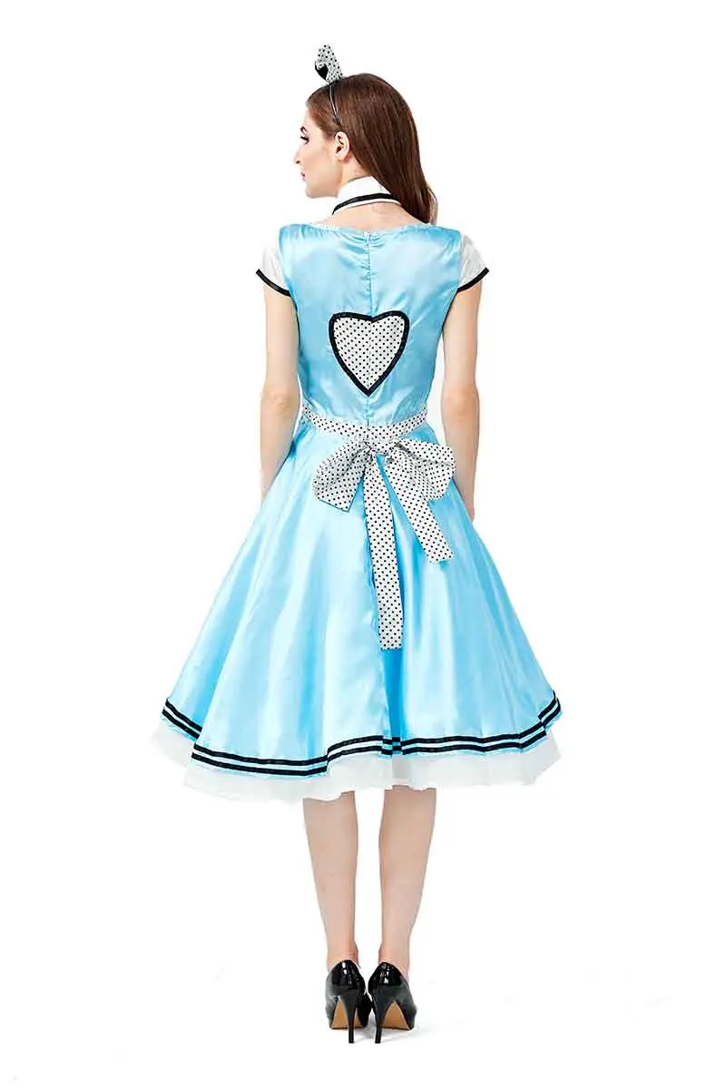 New Fantasia Adult Women Halloween Maid Cosotume Blue Satin Black and White Wave Point Alice Fairy Tales Costume Fancy Dress
New Fantasia Adult Women Halloween Maid Cosotume Blue Satin Black and White Wave Point Alice Fairy Tales Costume Fancy Dress