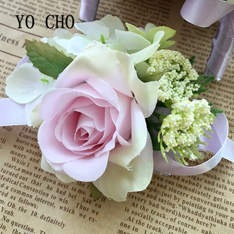 

YO CHO 2018 European Style Fashion Rose Pink Wrist Flower Rose Silk Ribbon Bride Corsage Hand Decor Wedding Dancing Party Decor