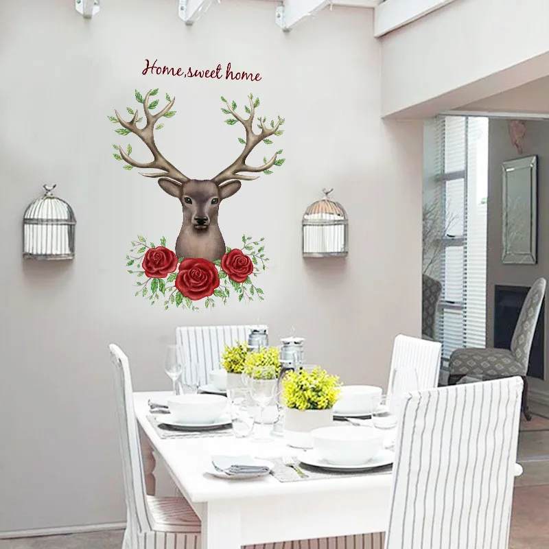 

3D Personality Fashion DIY Mural Rose Flower Deer Living RFoom Bedroom Entrance Removable Home Decoration Vinyl Wall Stickers