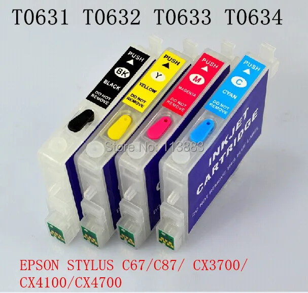 4 color T0631- T0634 Refillable ink cartridge for EPSON STYLUS C67/C87/ CX3700/CX4100/CX4700 Printers Auto reset chip
4 color T0631- T0634 Refillable ink cartridge for EPSON STYLUS C67/C87/ CX3700/CX4100/CX4700 Printers Auto reset chip
