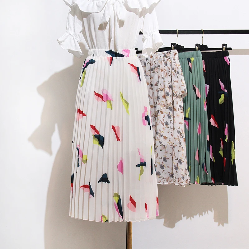 Женская плиссированная юбка, Повседневная шифоновая юбка с высокой талией и цветочным принтом, до середины икры, в Корейском стиле, 2019 
Женская плиссированная юбка, Повседневная шифоновая юбка с высокой талией и цветочным принтом, до середины икры, в Корейском стиле, 2019