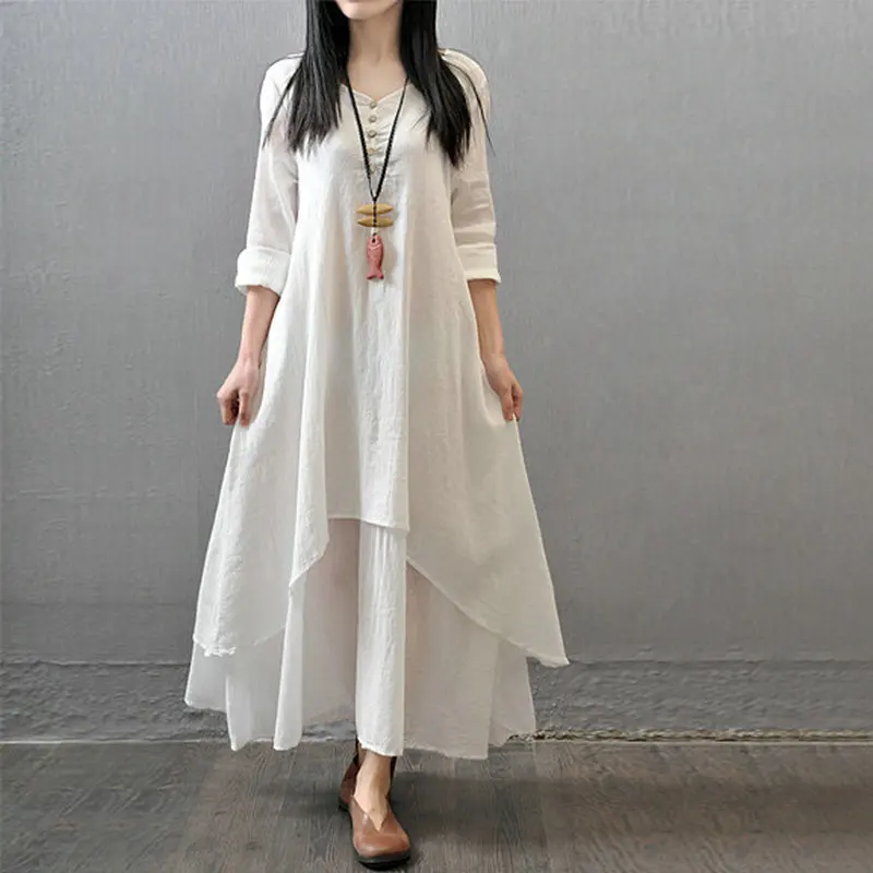False Two-piece Cotton Linen Long Sleeve Maxi Dress Women Plain Double Layer Casual Loose Big Size Solid Vintage Long Dress
False Two-piece Cotton Linen Long Sleeve Maxi Dress Women Plain Double Layer Casual Loose Big Size Solid Vintage Long Dress