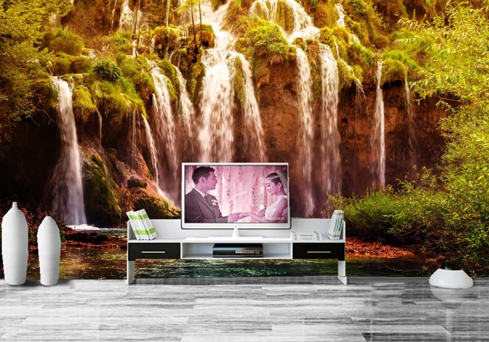 Красивый водопад природный пейзаж фрески гостиная ТВ фон стены диван спальня