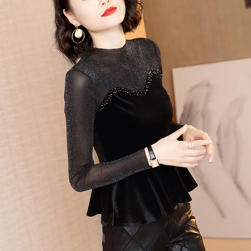 Transparent Mesh Long-sleeved Women Shirt Elegant Sequined Velour Peplum Tops Plus Size Slim Sexy Blusa Chemise Ruffle Blouse
Transparent Mesh Long-sleeved Women Shirt Elegant Sequined Velour Peplum Tops Plus Size Slim Sexy Blusa Chemise Ruffle Blouse
