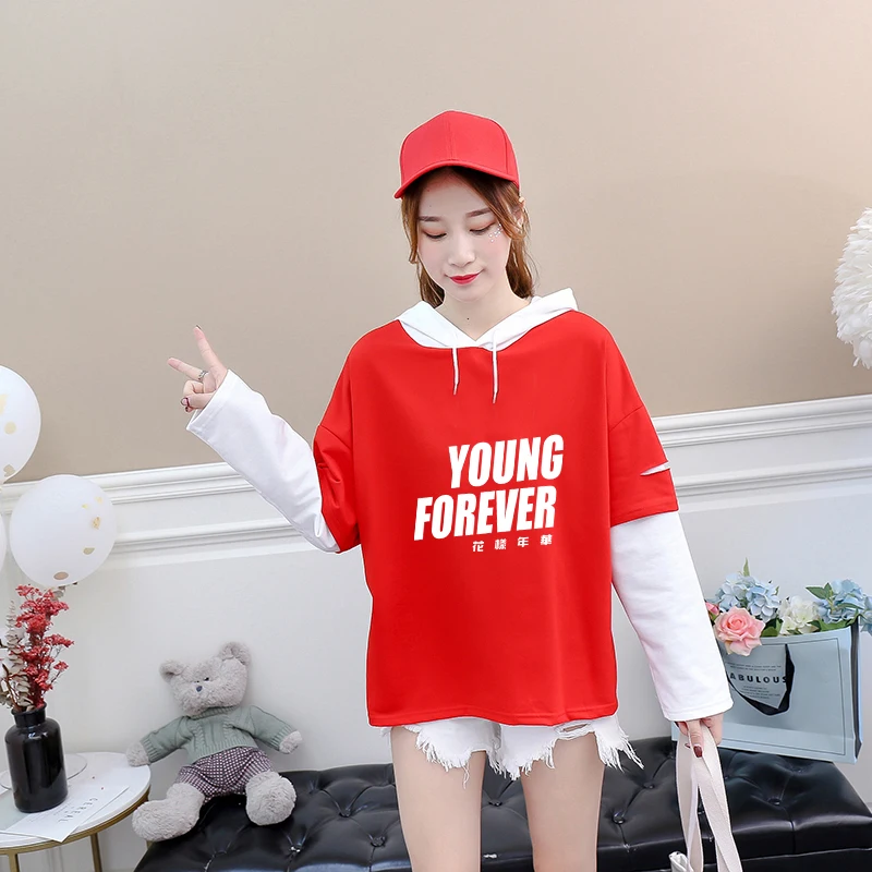 Kpop YOUNG FOREVER Letter Print Tshirt Casual Cotton Hipster Fake Two Piece Long Sleeve Shirt Women Bangtan Boys Hooded Tops
Kpop YOUNG FOREVER Letter Print Tshirt Casual Cotton Hipster Fake Two Piece Long Sleeve Shirt Women Bangtan Boys Hooded Tops