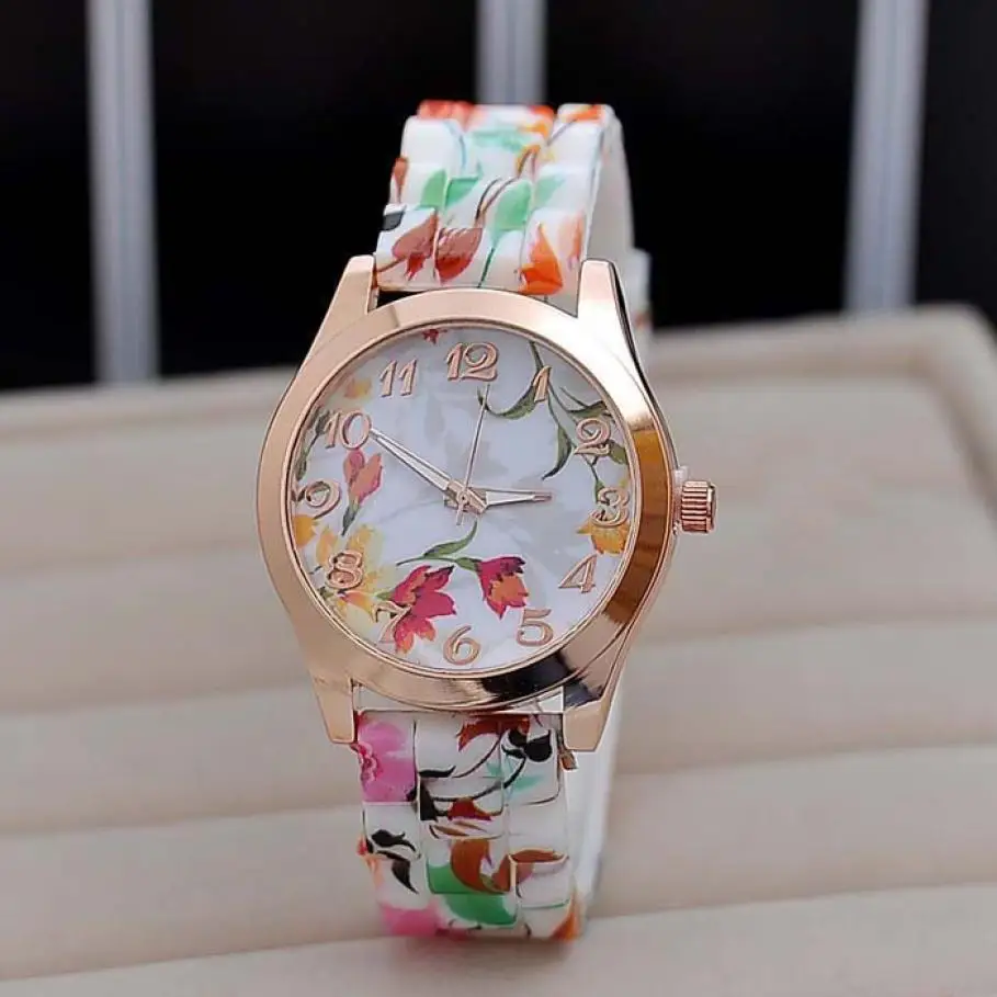 2018 Топ бренд новые роскошные женские часы Reloj Роза цветочный принт силиконовый