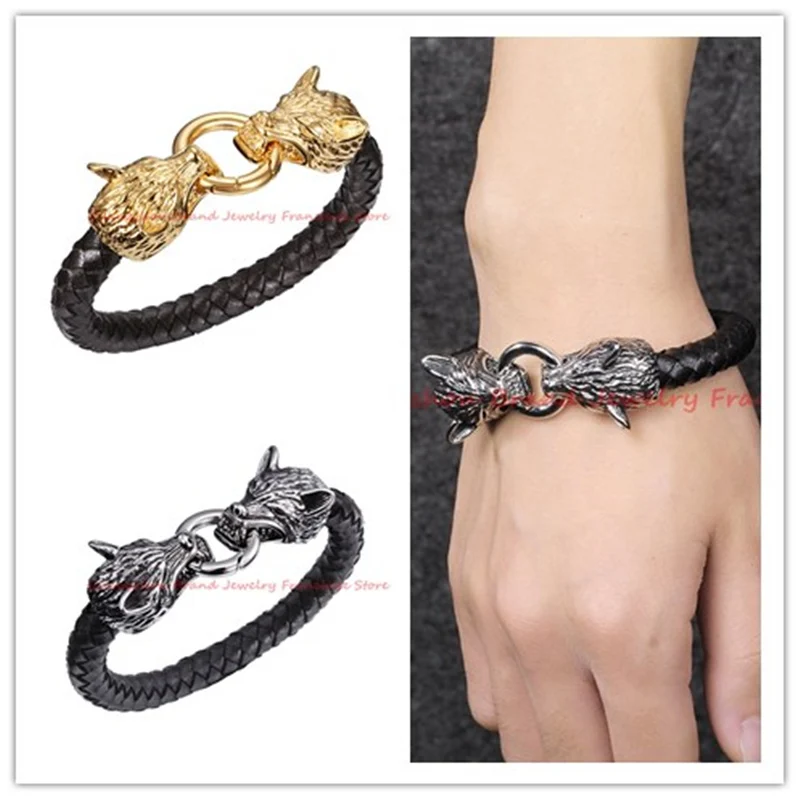 Top Quality Jewelry Men's Punk Black Leather Bracelet 316L Stainless Steel Silver Gold Color Wolf Heads Clasp Bangles 22.5cm*9mm
Top Quality Jewelry Men's Punk Black Leather Bracelet 316L Stainless Steel Silver Gold Color Wolf Heads Clasp Bangles 22.5cm*9mm