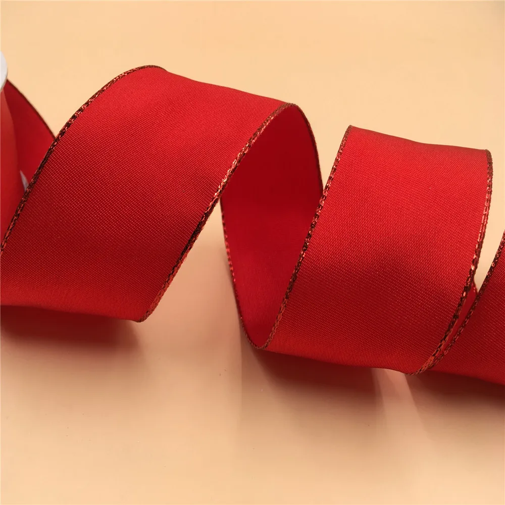 

38MM X 25yards Wired red taffeta ribbon with gold metallic lurex edges for gift box wrapping N2219